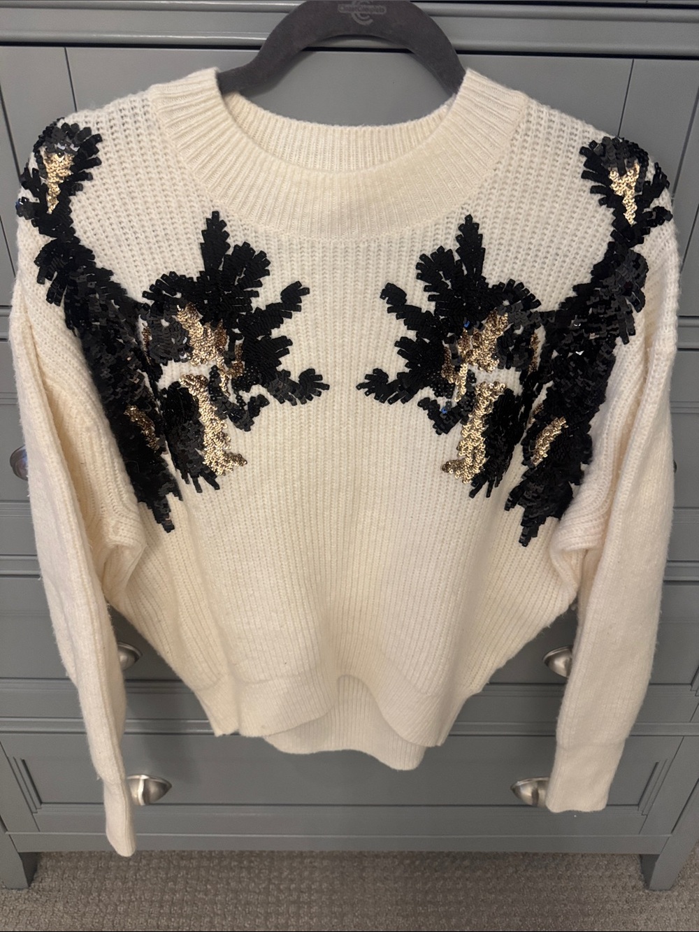 H&M Cream Crewneck Sweater with Black & Gold Sequin Floral Appliqué